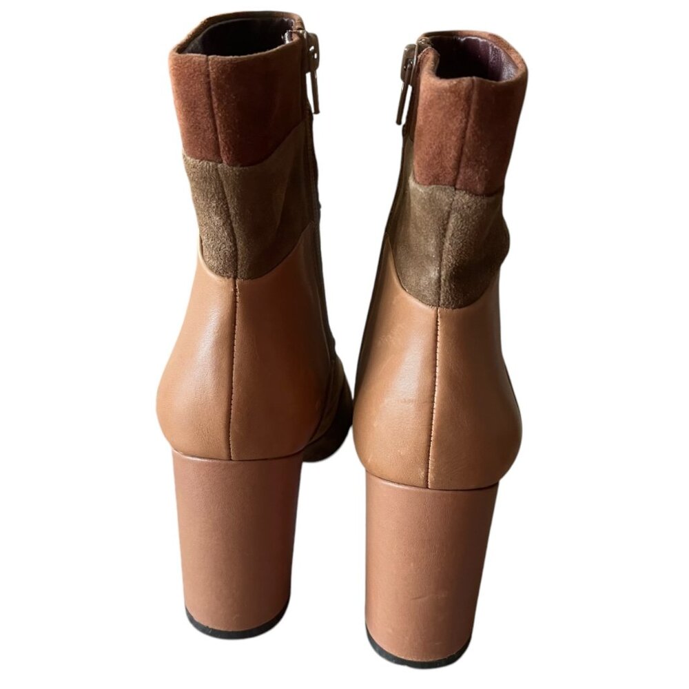 Poetic Licence Women's‎ 7.5 Tan Leather Booties Patchwork Places Heeled London - Picture 3 of 12
